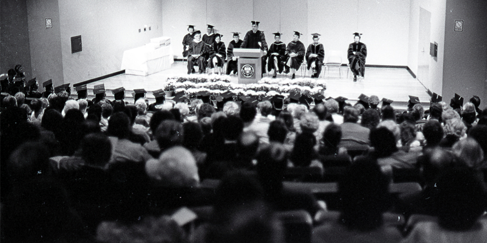 A commencement ceremony in the former Alexander Clark Center