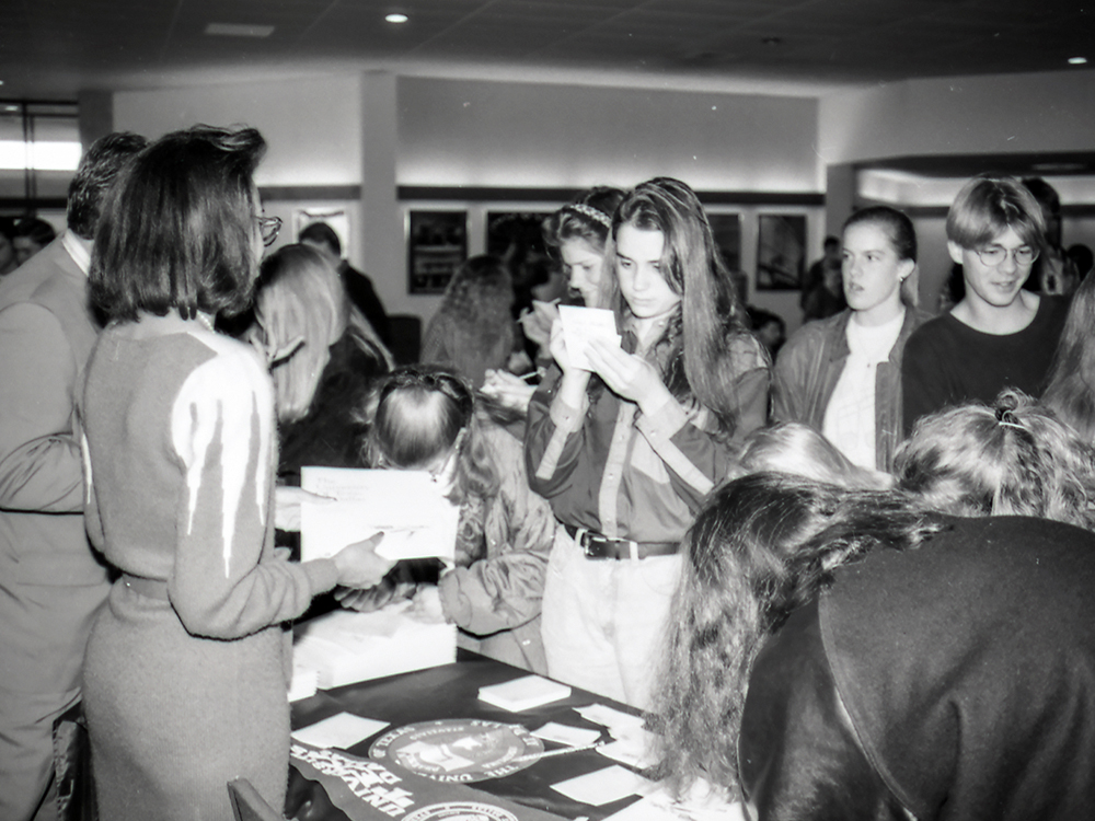 A scene from an early 1990s student registration in the Alexander Clark Center