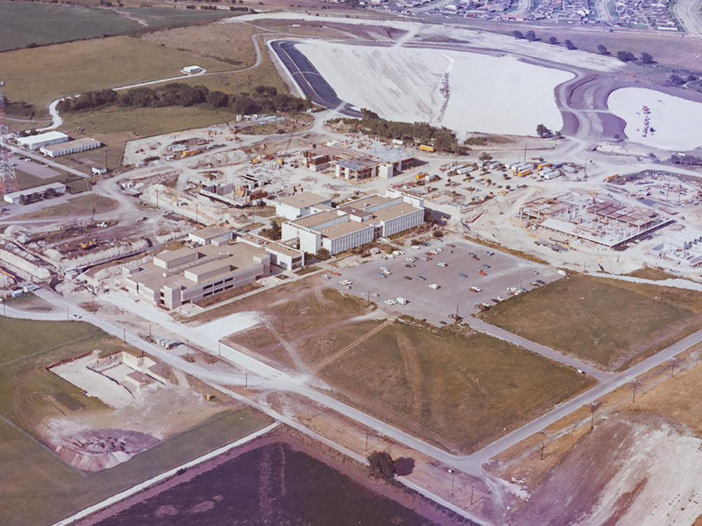 Aerial photo of campus construction in the mid-1970s