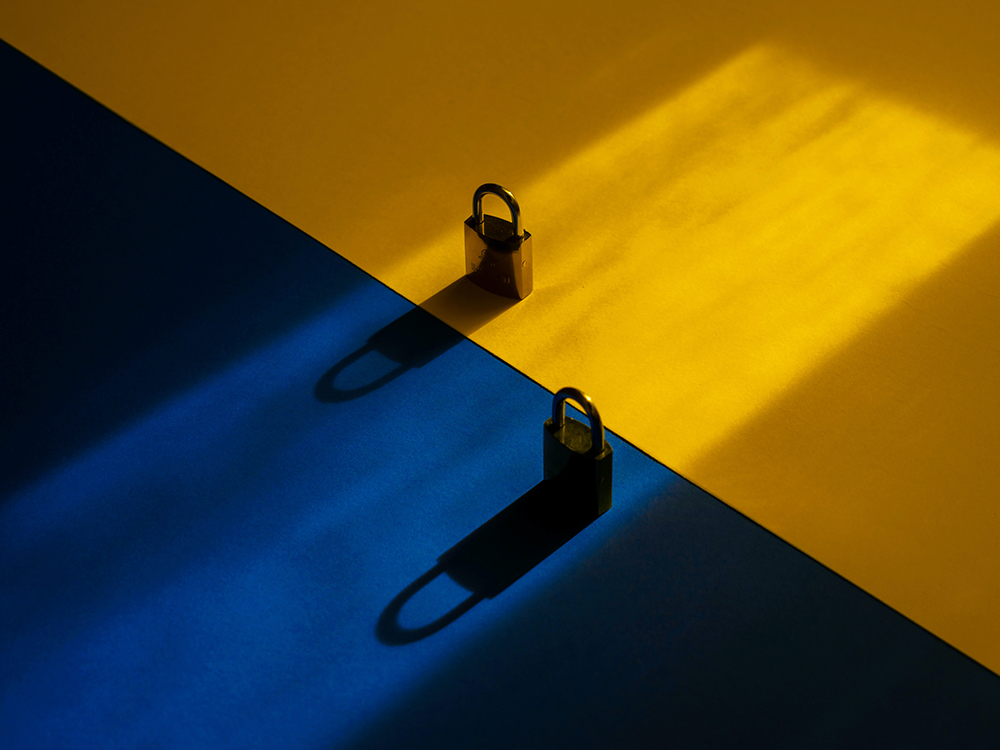 Locks stand on a blue and yellow setting