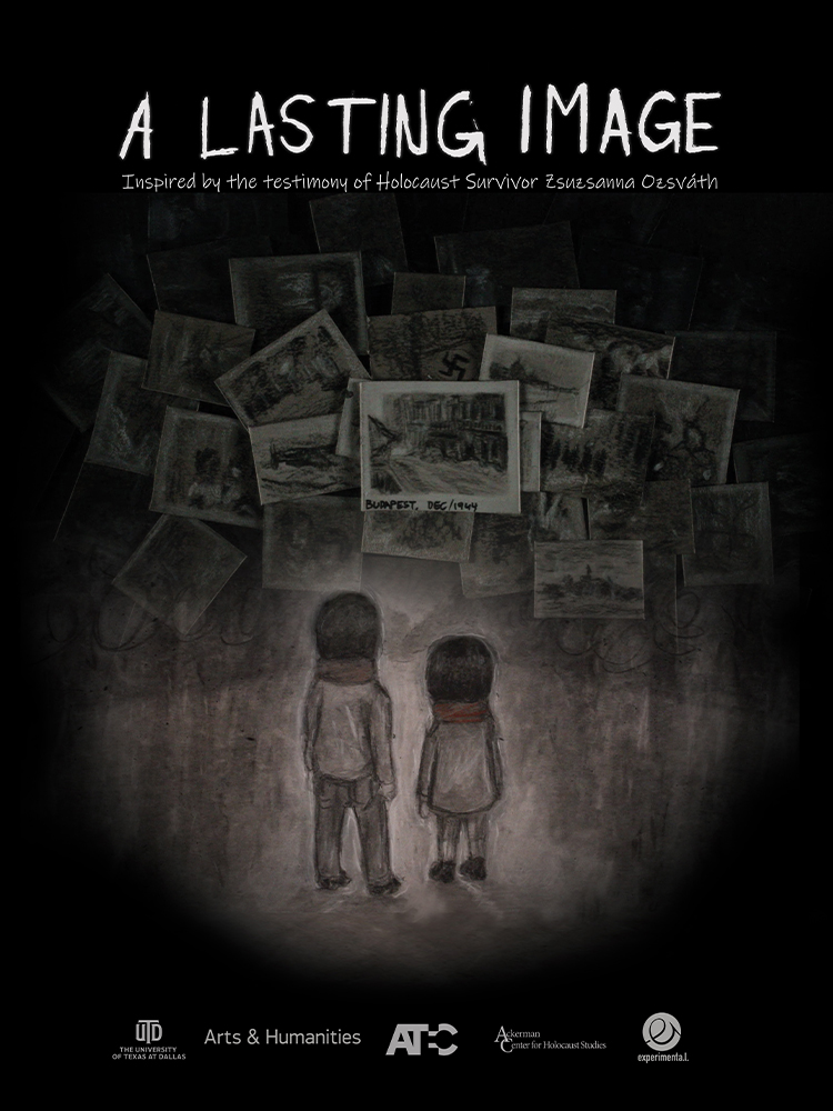 A movie poster with an illustration of two children looking onto photos