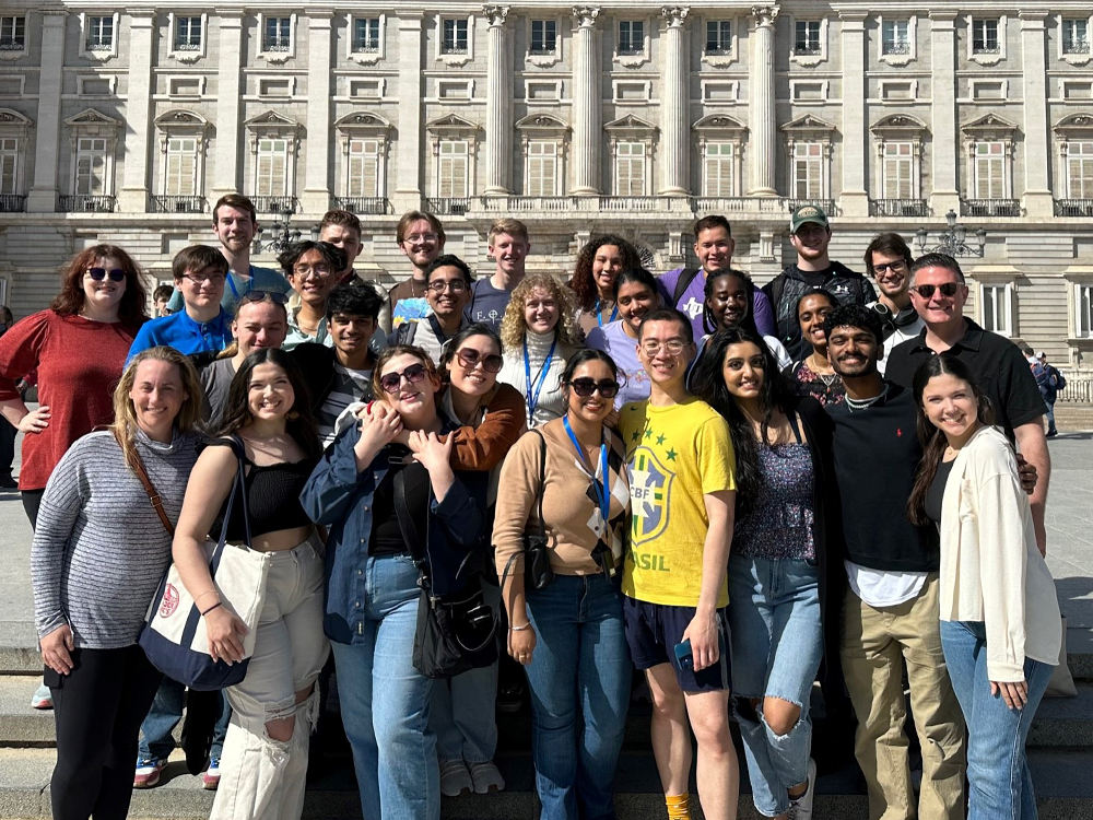 A group photo of UT Dallas choir members from their spring 2023 trip to Europe.