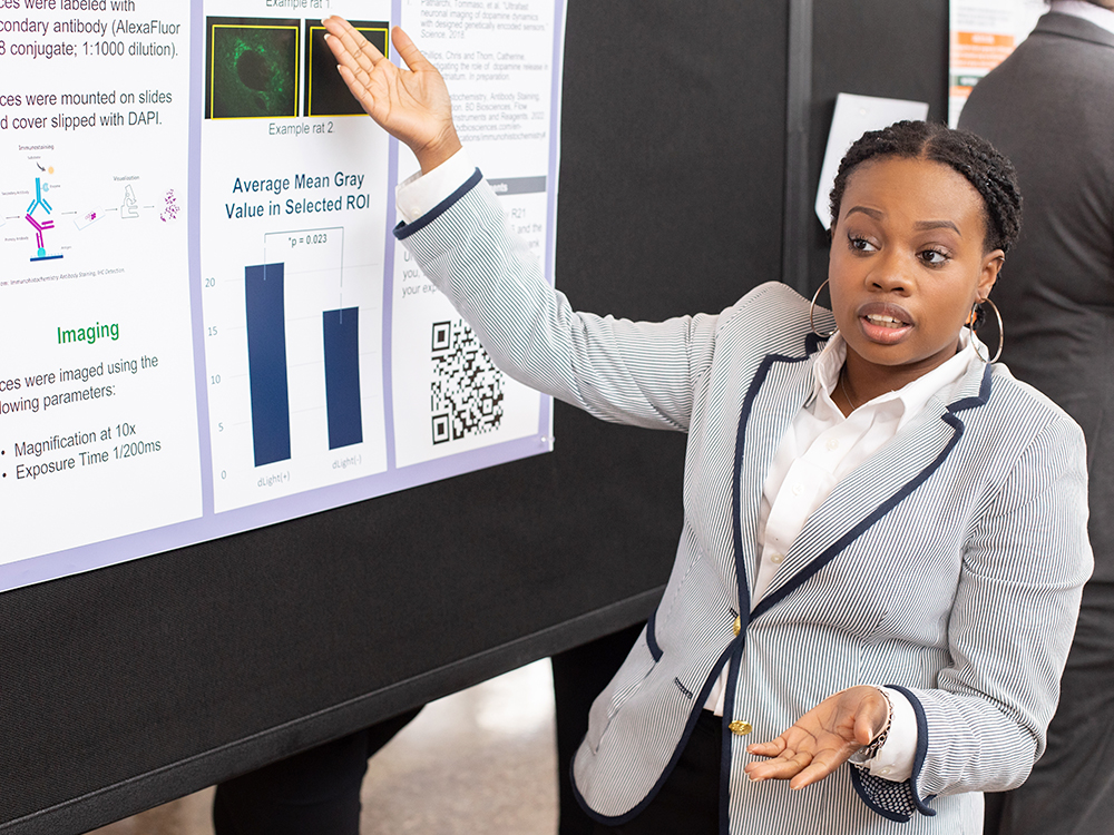 A student discusses her research poster.