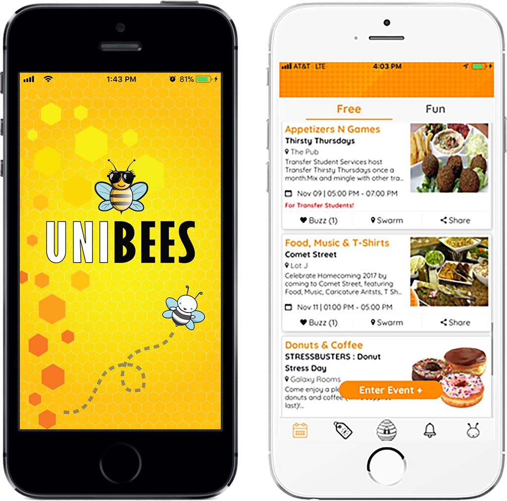 screenshots of UNIBEES app